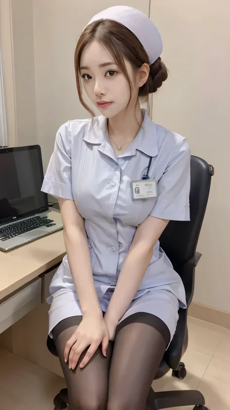(((masterpiece))), (((top quality: 1.4))), ((Super Detailed: 1.4)) , Woman in Nurse uniform using tablet computer in room, charming beauty、Nurse uniform、super real pantyhose、A hardworking and capable beautiful secretary、work, Under the desk, I can see her ...
