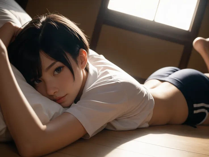 (japanese:1),(Female),(teen:1.4),(black hair:1),(very short hair cut:1),(Perfect body:1),( Polo Shirt and Active Shorts :1.2 ) 
(dynamic lighting:1.4) (dynamic angle:1.4) ( lying on stomach :1.4),