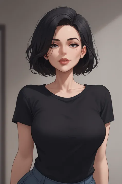 tall, milf,  beauty mark, medium breasts, cool face, brunnete, short curvy hair, black hair, (((character for visual novel))),black t shirt only
