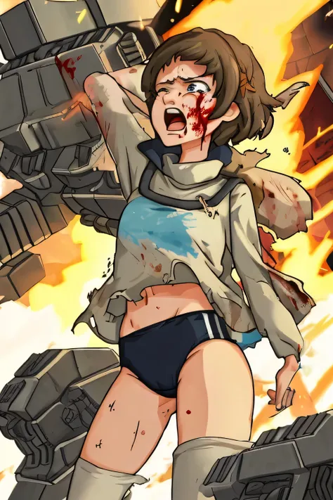 cockpit_explosion, fire, electricity, screaming, explosion, science fiction, wide-eyed, tearing clothes, standing, blood, scared, sweat, crying, mecha, torn clothes, tears, cockpit,1girl、wearing black gymnastics bloomers,high leg,white blouse,cowboy shot,s...