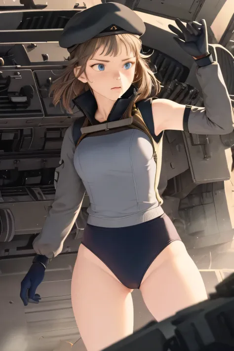 masterpiece , best quality, highres ,1girl,black long hair ,Angry  face , beret, blue eyes, black gymnastics bloomers,high leg,self wedgie , flat chest , sleeveless,Victorian blouse,  gloves, ultra detailed , Standing, (masterpiece, best quality, anime sty...