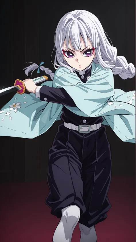 1girl, solo, with straight bangs with fringe, very long straight low braid hair at the back with blue ribbon, purple eyes same eyes as ubuyashiki amane, white pupil, sharp eyeliner, light blue haori  with white flowers pattern, with black stockings,  demon...