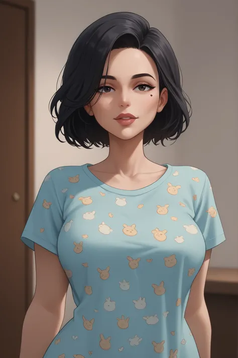 tall, milf,  beauty mark, medium breasts, cool face, brunnete, short curvy hair, black hair, (((character for visual novel))),short sleeves bunny pattern pajamas
