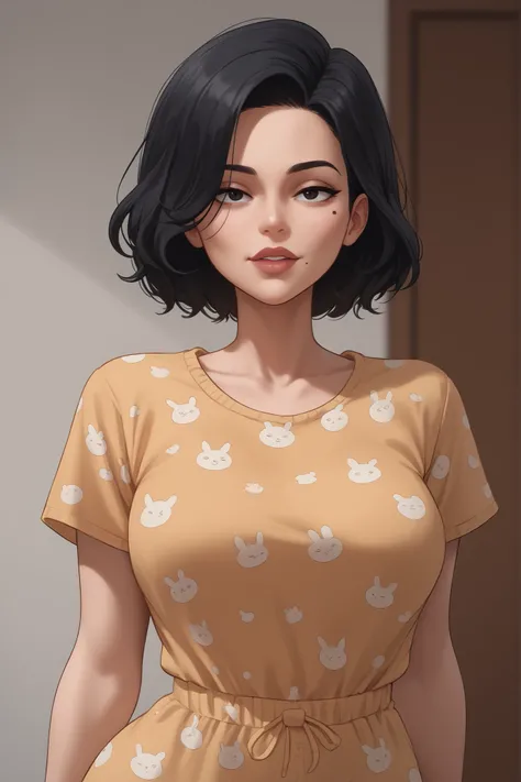tall, milf,  beauty mark, medium breasts, cool face, brunnete, short curvy hair, black hair, (((character for visual novel))),short sleeves bunny pattern pajamas