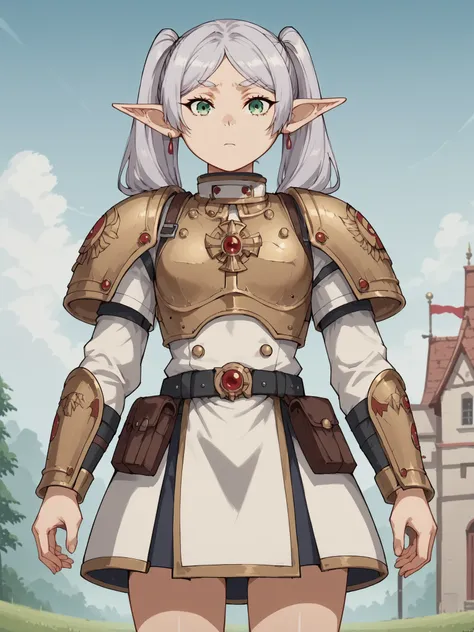 score_9, score_8_up, score_7_up, source_anime, 
frieren, 1girl, solo, long hair, twintails, green eyes, grey hair, pointy ears, elf, small breasts, anime screencap, shiny skin, 
in a battlefield, wearing a warhammer 40k cadian armor:1, looking around, wear...