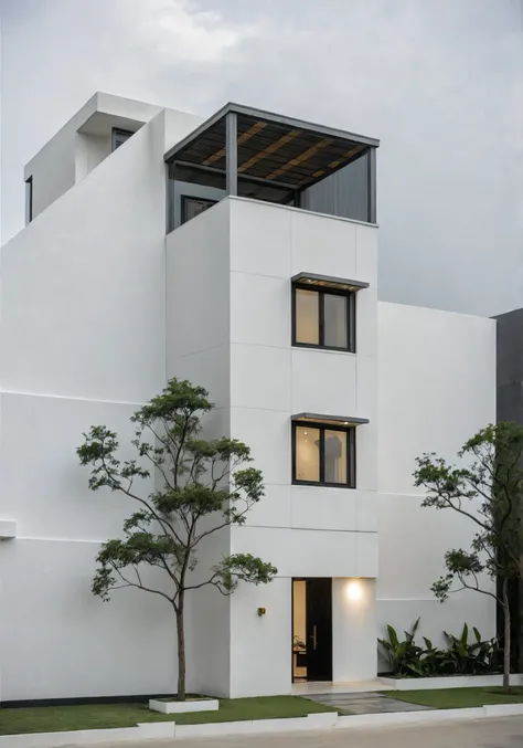 RAW photo, a photo of a modern house, (curvilinear archrchitecture:1.4), Wabisabi style rounded wall, white wall, steel black gate, sidewalk, sidewalk trees, ((grey gate:1.2)), road, viet nam modern residence, ((architectural shot)), rough white wall, new ...