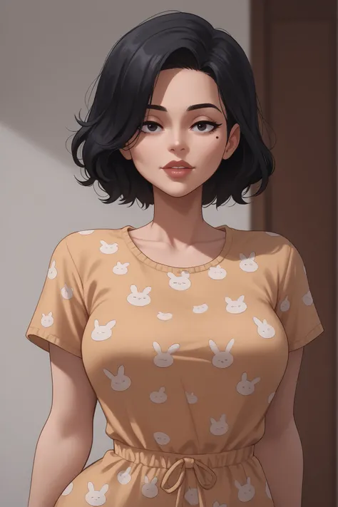 tall, milf,  beauty mark, medium breasts, cool face, brunnete, short curvy hair, black hair, (((character for visual novel))),short sleeves bunny pattern pajamas