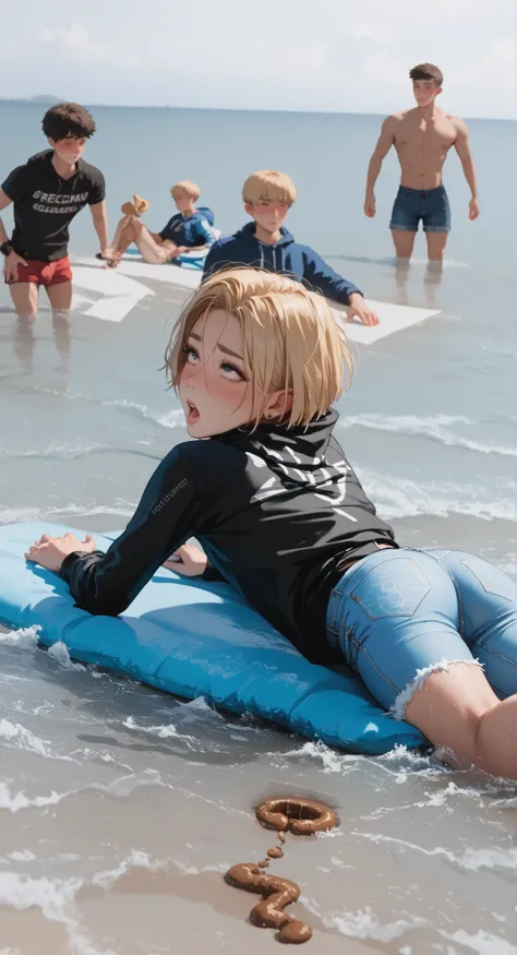 score_9, score_8_up, score_7_up, best quality, on the beach, lying on the desc. Slim sporty boy 1boy, wearing hoodie, 1boy, (is lying, Legs lowered :1.1), ((( Poop ,)), internal, 1boy, blonde hair, (short bob, crew cut,),, wide shoulder ,thin waist, wide h...