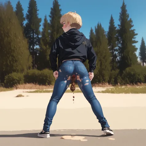 score_9, score_8_up, score_7_up, best quality. Slim sporty boy 1boy, wearing hoodie, 1boy, (is standing, Legs lowered :1.1), ((( Poop ,)), internal, 1boy, blonde hair, (short bob, crew cut,),, wide shoulder ,thin waist, wide hips, break, (a pair of light b...