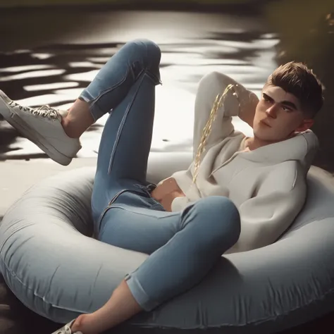  sporty boy, lying on the beach. He wearing extra high black Vans sneakers. His eyes gleam with determination, his muscles straining against the tight jeans-leggings that cling to his legs like a second skin. The air is thick with the smell of effort and t...