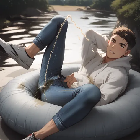  sporty boy, lying on the beach. He wearing extra high black Vans sneakers. His eyes gleam with determination, his muscles straining against the tight jeans-leggings that cling to his legs like a second skin. The air is thick with the smell of effort and t...