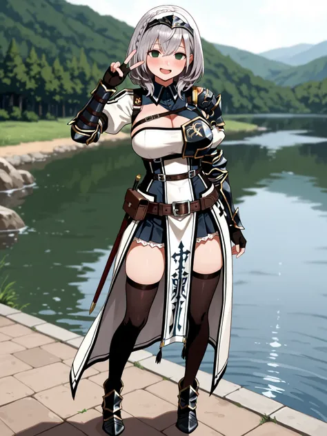 score 9, score 8 up, score 7 up, score 6, score 5 up, masterpiece, best quality, amazing quality, very aesthetic, absurdres,anatomically correct,(2d), round face,solo,seductive smile,open mouth,blush line,shirogane noel,armor,pelvic curtain, black thighhighs,highly detailed girl,pretty posing,outdoors,lake,standing on lake,(sfw),(miniskirt,zettai ryouiki),elegant posing,standing,blurry,front view,(fullbody),v sign,empty eyes