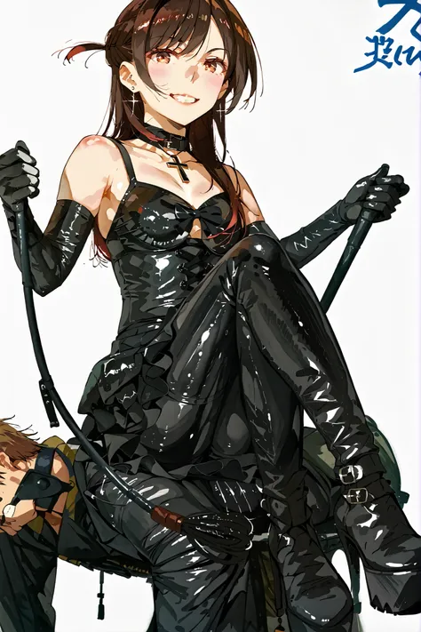 (((sitting cross-legged)))、has a whip in her hand、Leather Whip、horse riding whip、The、Naked man on all fours:1.4、Woman sitting on naked man's back:1.4、a woman who takes the place of a chair:1.4、A man who is used by a woman as a human chair、human chair、Queen...