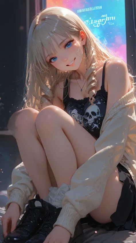 split leg forward bend,,29 year old female dressed in an oversized cream cardigan and a black skull shirt. Her platinum blonde hair is in ringlet curls down to her shoulders. She is fair skinned with beaming blue eyes. She is bright and cheerful, with a sl...