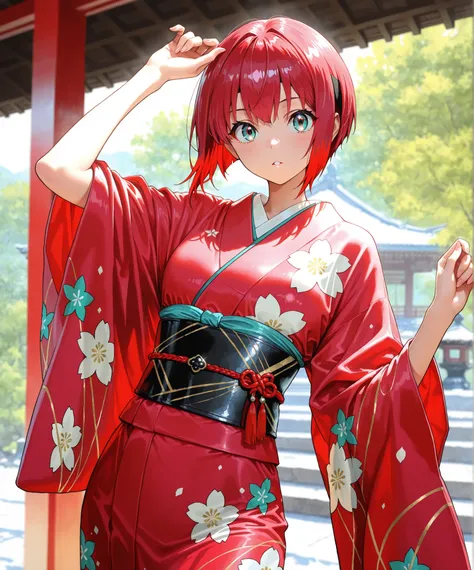 1girl, amate yuzuriha,short hair,red hair,multicolored hair,aqua eyes,multicolored eyes,luxurious kimono,brightly colored pattern,depth of field, fake traditional media, Picturesque, Impressionism, masterpiece, high score,  Great score , very high resoluti...