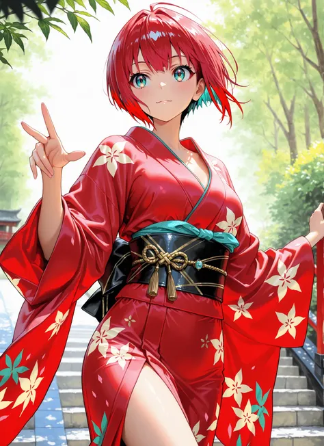 1girl, amate yuzuriha,short hair,red hair,multicolored hair,aqua eyes,multicolored eyes,luxurious kimono,brightly colored pattern,depth of field, fake traditional media, Picturesque, Impressionism, masterpiece, high score,  Great score , very high resoluti...
