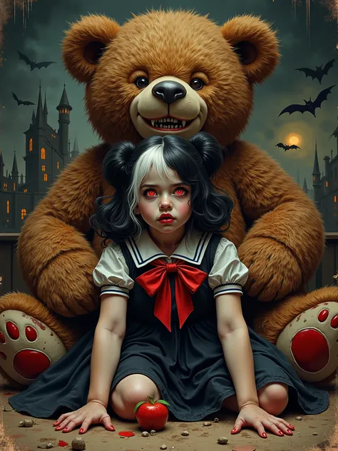 hand-drawn greeting card in the style of artists James Jean and Norman Rockwell, style postcard USSR, intimate portrait composition close up a creepy-cute girl with split black and white hair, glowing red eyes, and subtle fangs. She wears a dark sailor-sty...