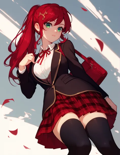 pyrrhaschool, ponytail, school uniform, brown jacket, blazer, long sleeves, white shirt, neck ribbon, red ribbon, red skirt, plaid skirt, black thighhighs, 1girl, solo
