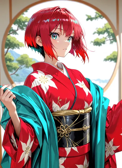 1girl, amate yuzuriha,short hair,red hair,multicolored hair,aqua eyes,multicolored eyes,luxurious kimono,brightly colored pattern,depth of field, fake traditional media, Picturesque, Impressionism, masterpiece, high score,  Great score , very high resoluti...