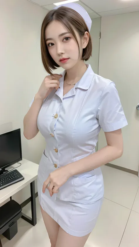 top quality, 8k, masterpiece, photorealistic, realistic, 1 beautiful Japanese woman standing on the pulpit, Mature Woman, 40 years old, in her 20s，glamorous，fine skin texture, short hair, Big breasts, , white nurse clothes， Examination Room，(( Examination ...