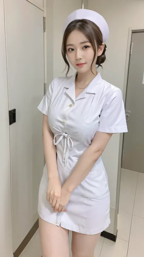 top quality, 8k, masterpiece, photorealistic, realistic, 1 beautiful Japanese woman standing on the pulpit, Mature Woman, 40 years old, in her 20s，glamorous，fine skin texture, short hair, Big breasts, , white nurse clothes， Examination Room，(( Examination ...