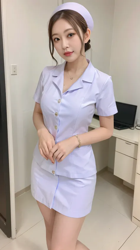 top quality, 8k, masterpiece, photorealistic, realistic, 1 beautiful Japanese woman standing on the pulpit, Mature Woman, 40 years old, in her 20s，glamorous，fine skin texture, short hair, Big breasts, , white nurse clothes， Examination Room，(( Examination ...