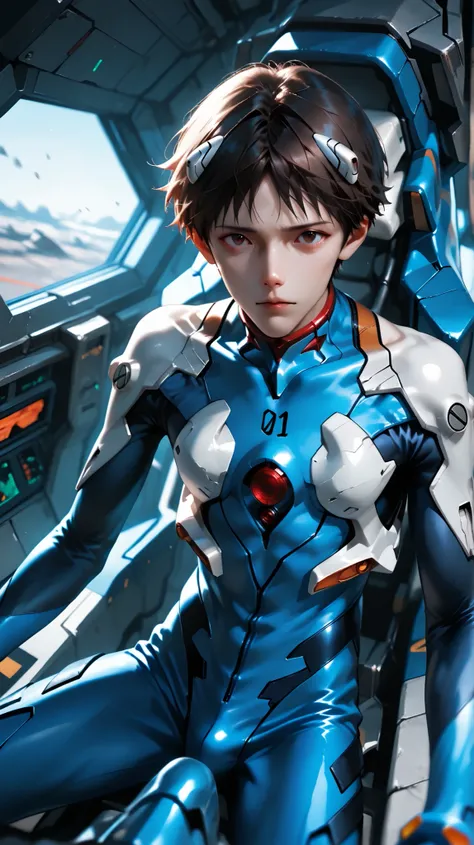 masterpiece, best quality, vibrant, very aesthetic, high contrast, semrealistic, newest, koreanai, finely_detailed_eyes, (1 boy, solo), ikari shinji, Evangelion, short_hair, brown_eyes, skinny, skinny_face, tall_height ,BREAK , bodysuit, BREAK,sitting at c...