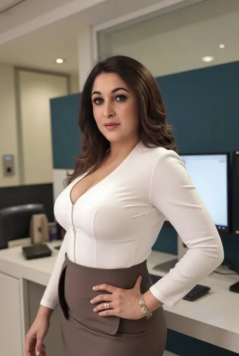 An indian 30 year old girl in office wearing semi skirt with big breasts, white shirt