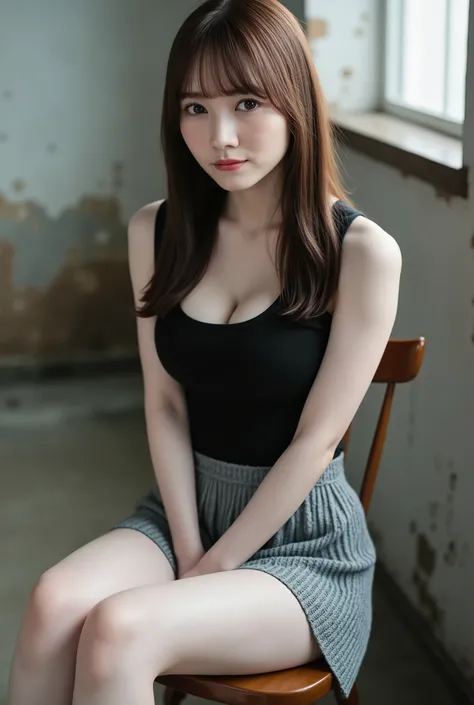 top quality, 8k, masterpiece, super high resolution, (photorealistic: 1.4), raw photo, ( brown hair 、bright long hair ), (knitted tank top in a dirty old house,  Plated Skirt , These skirts are so short), (Tied at the waist:1.3), slim abs: 1.1, (((I can se...