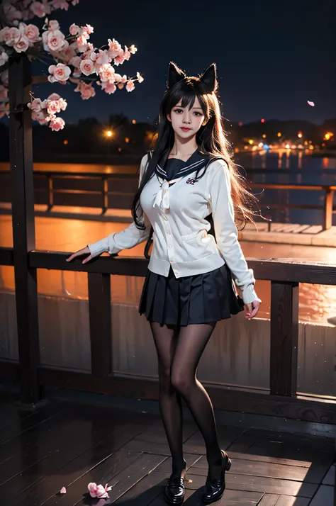 atago, 1girl, solo, atago \(azur lane\), cosplay, mole under eye,
animal ears, very long hair,bangs, sidelocks, hair ribbon,
school uniform,cardigan, sailor collar, serafuku, long sleeves, pleated skirt, pantyhose, ,,, ((full body:1.4)), ((masterpiece, bes...