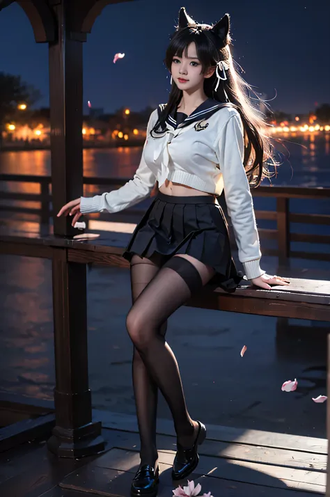 atago, 1girl, solo, atago \(azur lane\), cosplay, mole under eye,
animal ears, very long hair,bangs, sidelocks, hair ribbon,
school uniform,cardigan, sailor collar, serafuku, long sleeves, pleated skirt, pantyhose, ,,, ((full body:1.4)), ((masterpiece, bes...