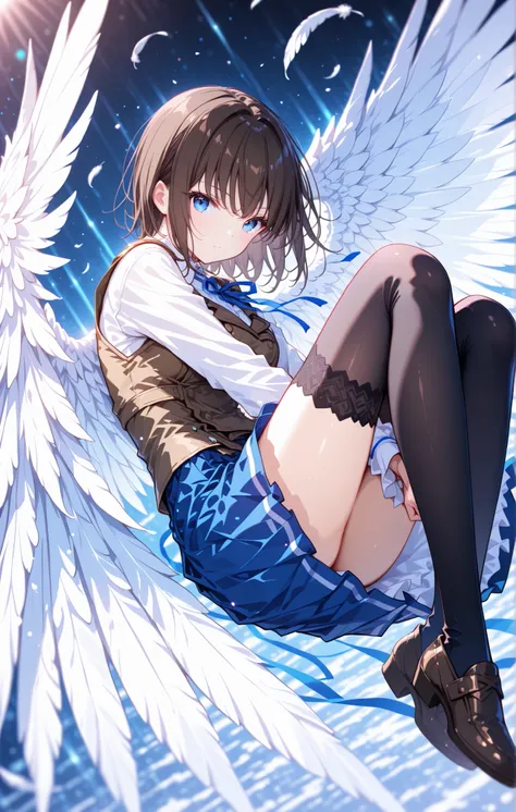 1girl, solo, wing, feather wing, white wing, many wing, fetal position,(short brown hair:1.2),  (dark blue eyes:1.3),(ready-to-wear skirt),(BROWN VEST),(white shirt),(blue ribbon),(black thigh high socks:1.3),Erika Aoi,