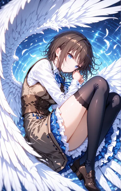1girl, solo, wing, feather wing, white wing, many wing, fetal position,(short brown hair:1.2),  (dark blue eyes:1.3),(ready-to-wear skirt),(BROWN VEST),(white shirt),(blue ribbon),(black thigh high socks:1.3),Erika Aoi,