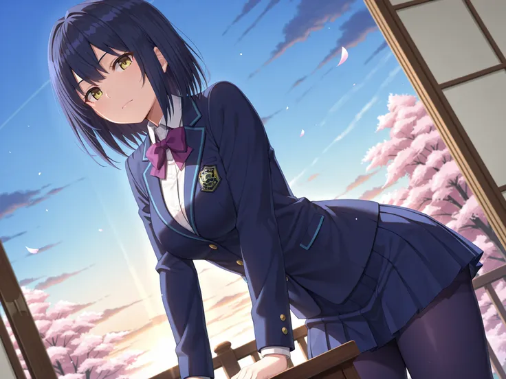 solo,masterpiece,best quality, amazing quality, highres, absurdres, very aesthetic, high resolution, ultra detailed, perfect details,nijirin,medium breasts,yellow eyes,blue hair,black hair,moles,medium hair,nijirincos,white shirt,collared shirt,purple bowt...