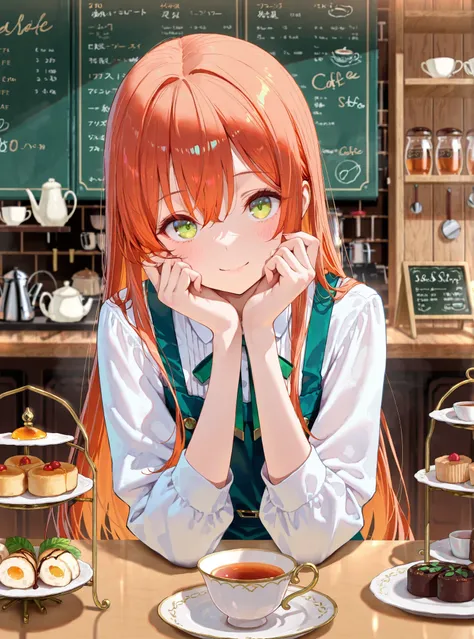 master piece,best quality,ultra detailed,ultra hires,8k,beautiful detailed face,beautiful detailed eyes,tea shop.looking at viewer,longhair,cafe staff