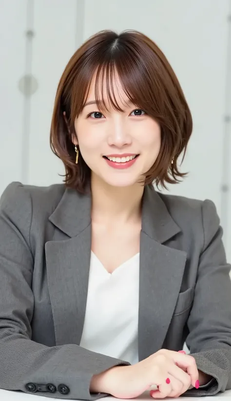 Neat Young Woman、and look at the camera、office lady suit、jacket、shirt、necklace、ear piercing、黒髪、、smile showing teeth、背景はオフィス