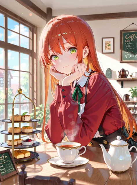 master piece,best quality,ultra detailed,ultra hires,8k,beautiful detailed face,beautiful detailed eyes,tea shop.looking at viewer,longhair,cafe staff