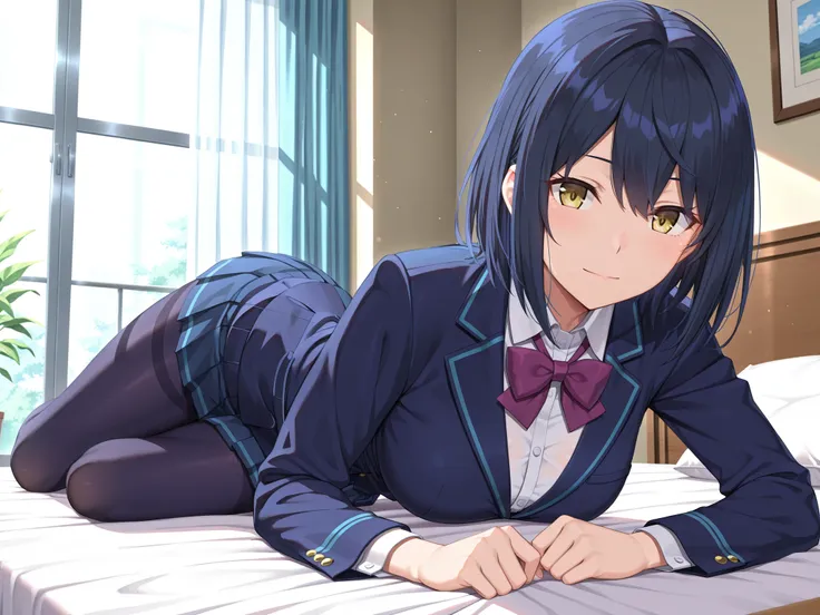 solo,masterpiece,best quality, amazing quality, highres, absurdres, very aesthetic, high resolution, ultra detailed, perfect details,nijirin,medium breasts,yellow eyes,blue hair,black hair,moles,medium hair,nijirincos,white shirt,collared shirt,purple bowt...