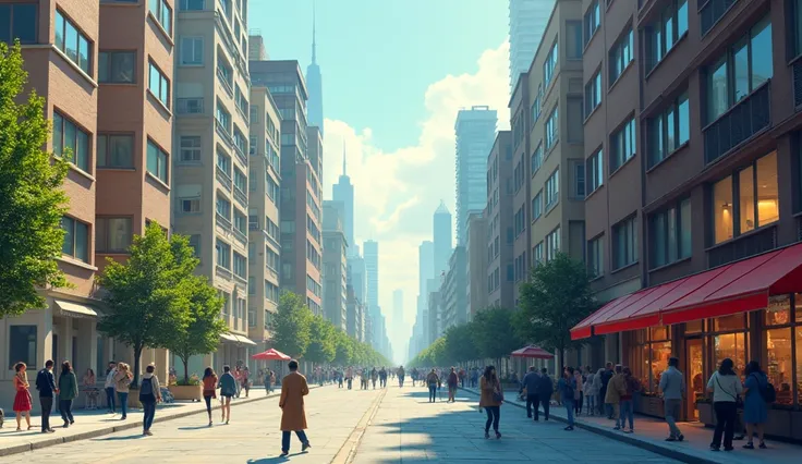 is a block of a big city built up with high-rise buildings of different heights, including a large number of people doing different things, who hurries to work, who sweeps the streets who drinks coffee standing in front of a cafe