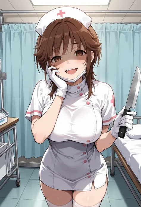 Score_9, score_8_up, score_7_up, source_anime, srkho, solo, brown hair, medium hair, brown eyes, large breasts, (best quality), (high quality), {masterpiece}, extremely delicate and beautiful, ultra-detailed, beautiful detailed eyes, nurse, nurse hat, ((wh...