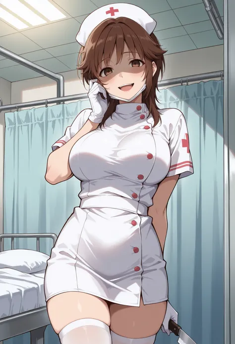 Score_9, score_8_up, score_7_up, source_anime, srkho, solo, brown hair, medium hair, brown eyes, large breasts, (best quality), (high quality), {masterpiece}, extremely delicate and beautiful, ultra-detailed, beautiful detailed eyes, nurse, nurse hat, ((wh...