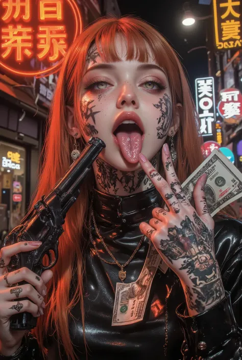 Go to the past with a time machine!Old Photos,((Black and White Photography:1.2))、((A wad of stolen money falls:1.2)) portrait,1 girl, Photorealistic,beautiフルly detailed eyes,genuine leather ,top quality , Super Fine,mafia ,face tattoo, targets viewers wit...