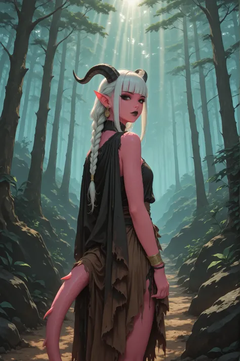 score_10, score_9_up, score_8_up,s core_7_up, 1girl, tiefling, pink skin, black eyes, black eyeliner, black lipstick, black eyeshadow, elf ears, white hair, long braids, blunt bangs, tiefling black horns, tiefling tail, earrings, bracelet, standing, rags, ...