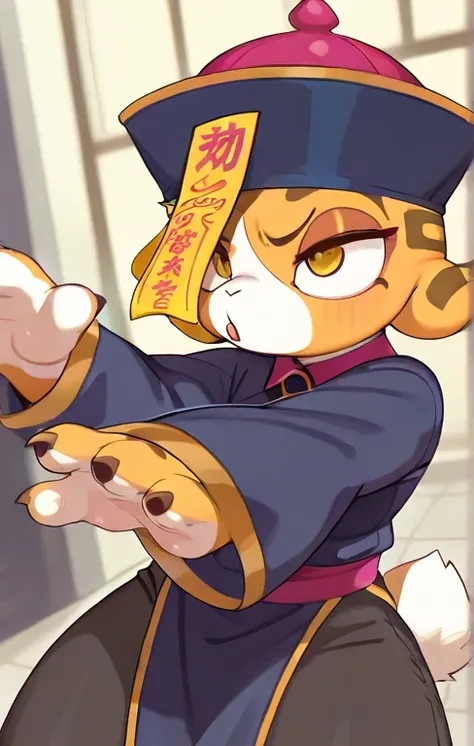  em,  Qualidade superior,  mestra、 desenho animado、furry female、 Kyung-si a raposa、suspirar、boca aberta、Jiangshi clothemg、reaches out to attack spectators