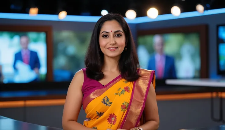 create a news channel setup with indian woman news reader, wearing sleeveless saree depth of field with bokeh, cinematic color grading, shot with a Canon EOS R5 + RF 85mm f/1.2L lens, shutter speed 1/100, ISO 100, aperture f/1.4, ultra-sharp focus on subje...