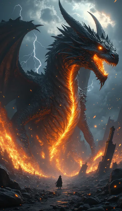 ((Masterpiece, ultra-detailed, cinematic CG 8K wallpaper)), (titanic dragon erupting from its slumber, obsidian-scaled body coiled with molten cracks, wings bursting outward with a shockwave of ash and flame:1.3), (shattered cathedral ruins exploding in al...
