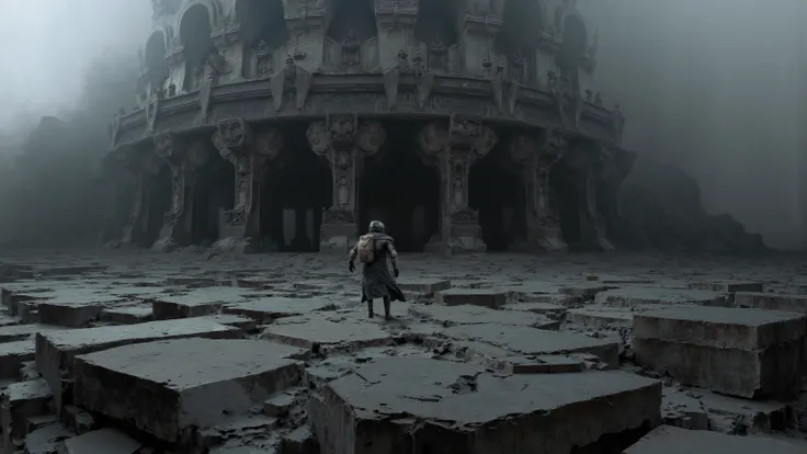A solitary figure stands on jagged, Weathered terrain,Resembling a vast, Ancient architecture or sculpture. Environment composed of layers of monumental, Stone-like surface, Intricately carved geometric patterns reminiscent of tire tracks, But on a monumen...