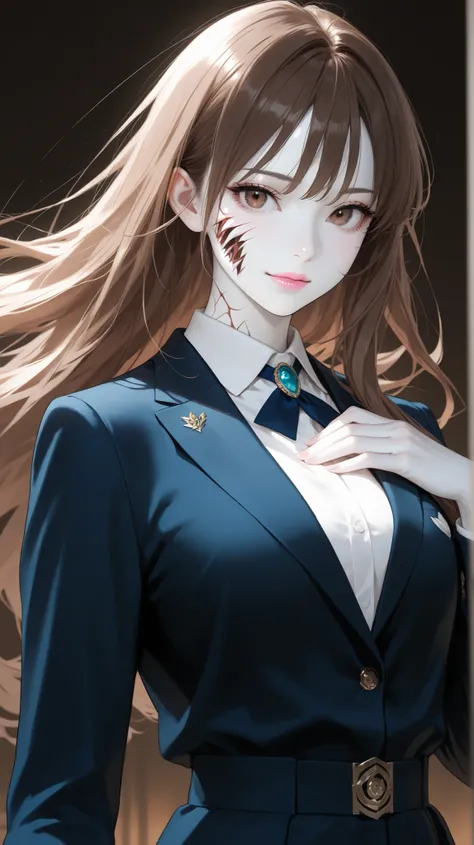 Girl, long straight brown hair, brown eyes, sharp features, white skin, light pink lips, beautiful, perfect, elegant looking, wearing a formal school uniform, bright colors, high quality resolution.