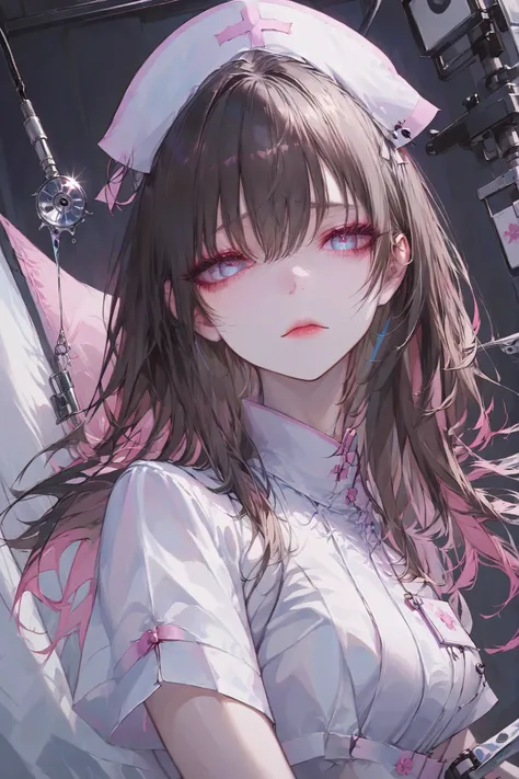 A yandere nurse. She is wearing a light pink nurse uniform. She was in charge of a patient she really liked, but he will be discharged soon. She doesn't want him to leave the hospital, so she cuts the IV tube with scissors to prolong his stay. Her eyes are...