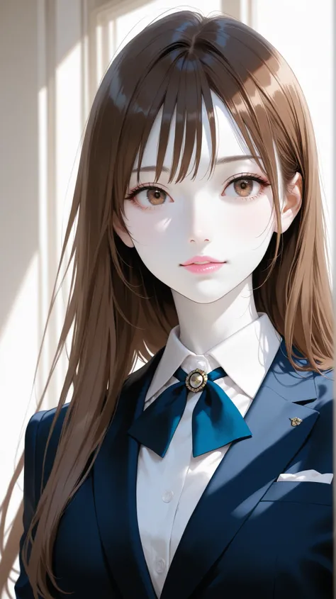 Girl, long straight brown hair, brown eyes, sharp features, white skin, light pink lips, beautiful, perfect, elegant looking, wearing a formal school uniform, bright colors, high quality resolution.